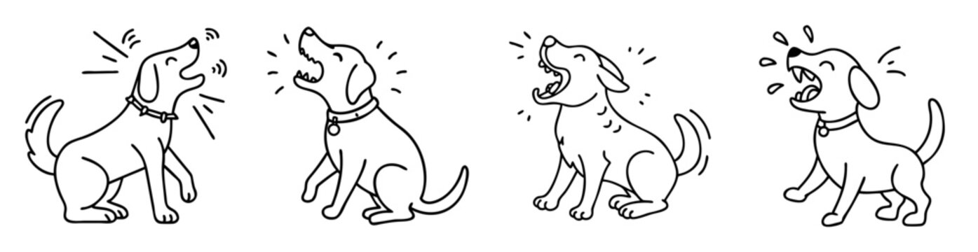 Four dogs line art showing different stages of barking and howling