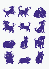 Large animal silhouette vector bundle featuring cute, cartoon, wildlife, pet and farm animals in modern flat style. Clean isolated icons on white background, perfect for logos, stickers, branding, UI  © creative