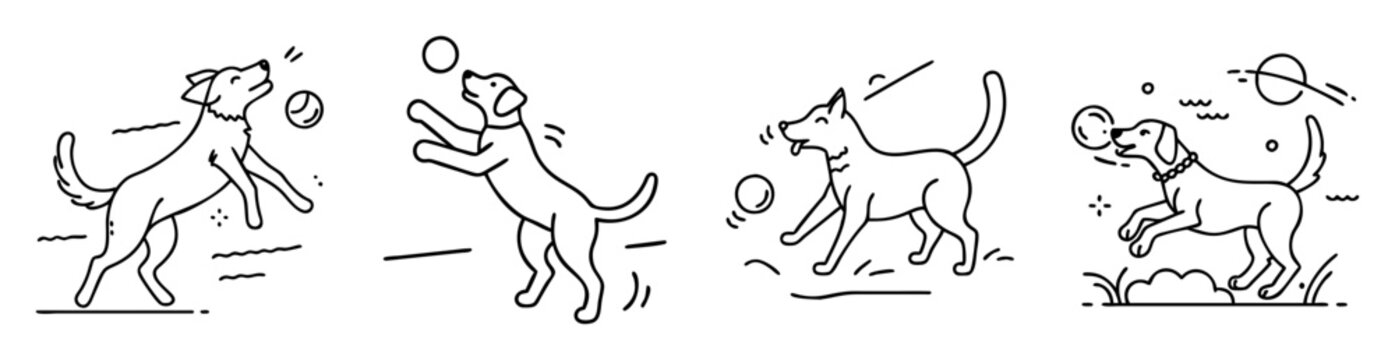 Vector art illustration of four dogs playing fetch with balls outdoors