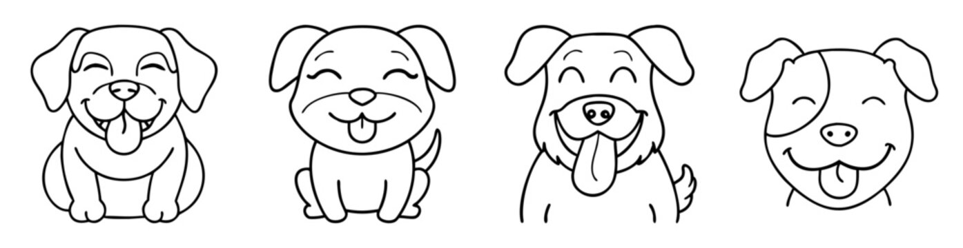 Outlines of four adorable smiling cartoon puppies showing their tongues, simple black and white line art