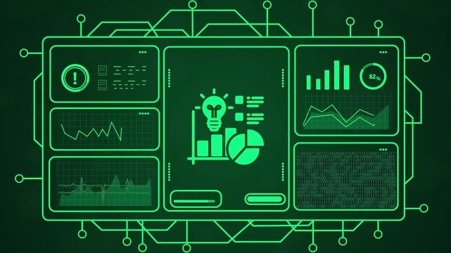 Business Intelligence Dashboard with Lightbulb Icon for Innovation,Abstract digital interface with glowing green data charts, graphs, and lightbulb icon, representing technology and innovation.