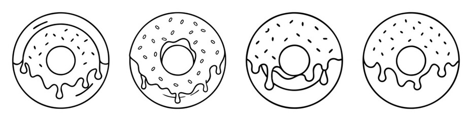Obraz premium Line art illustration of four donuts with varied toppings and icing