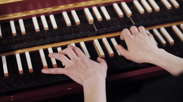 Woman playing and tuning piano, Old vintage piano hammers with strings close up