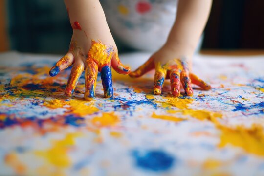 Preschool child finger painting messy art