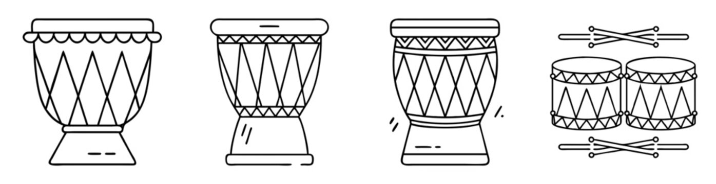 Line art illustration of various drums and drumsticks on a white background
