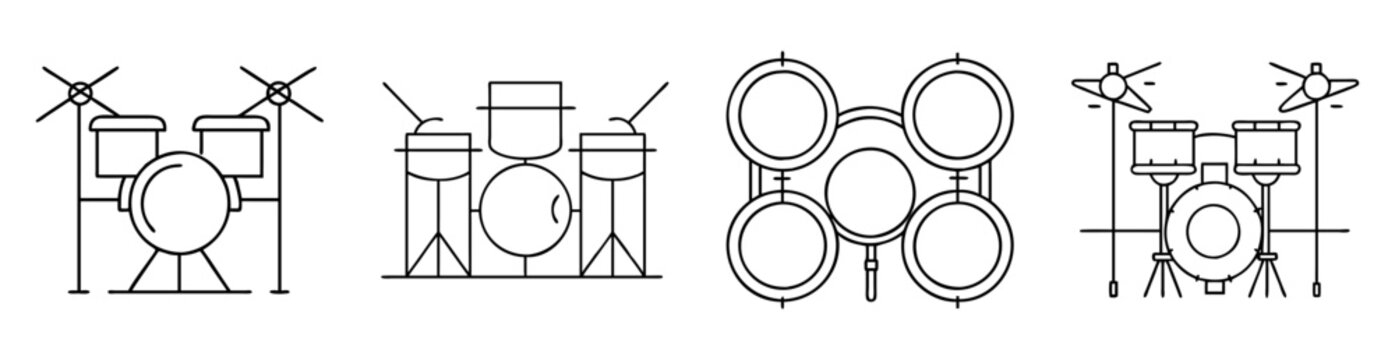 Minimalist line drawing illustration showing four different drum set configurations