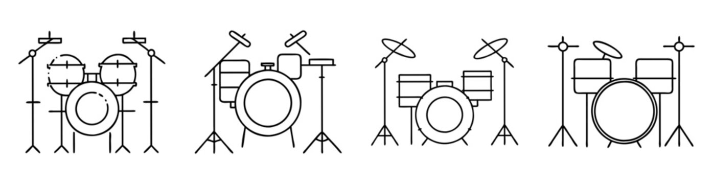 Black and white minimalist line drawing of four drum kits in different styles