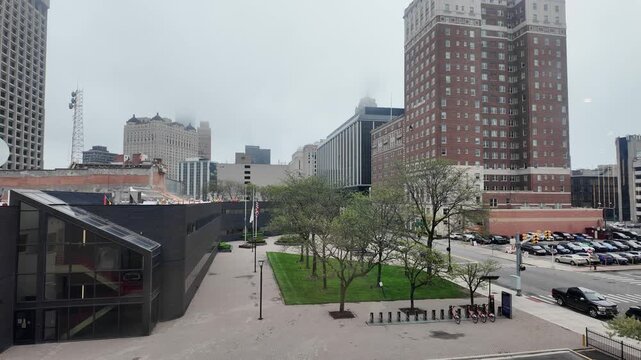 Flags Sway in the Wind at Downtown Detroit Courtyard