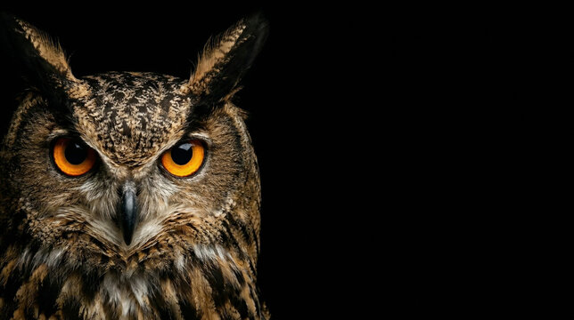 Close-up portrait of a Great Horned Owl with glowing orange eyes on a pitch-black background, dramatic studio lighting and negative copy space on the right
