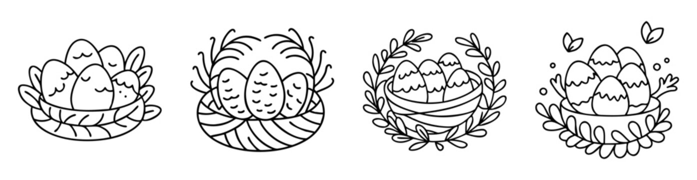 Four handdrawn Easter egg baskets with floral decoration vector illustration