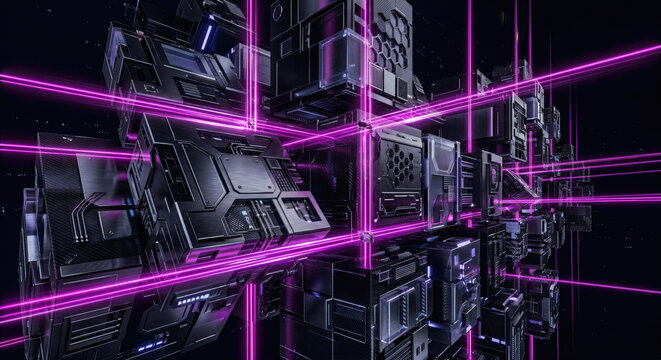 Isometric array of dark geometric hardware blocks intersected by parallel magenta neon laser beams