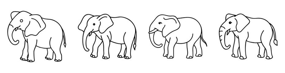Obraz premium Four adorable outlined cartoon elephants standing side by side in a row