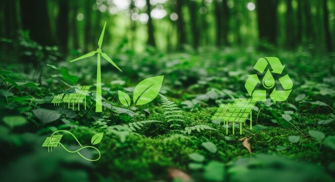 Renewable energy sources and symbols of environmental sustainability amidst a lush green forest background