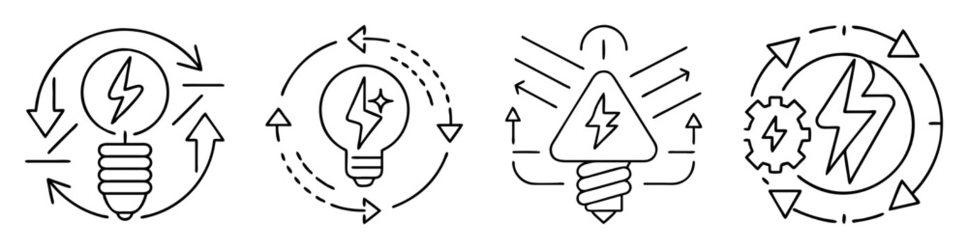 Line art icons showing renewable energy and energy generation process representation