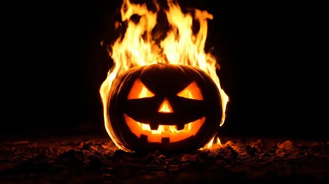 Illuminated, carved squash with flames. Intense darkness surrounds the glowing subject