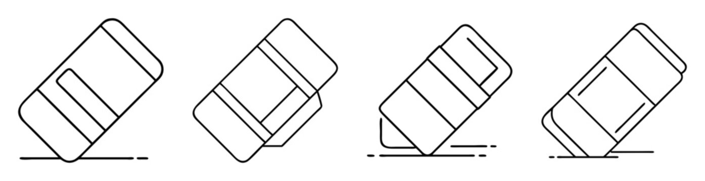 Four simple line art style icon illustrations of erasers with eraser dust