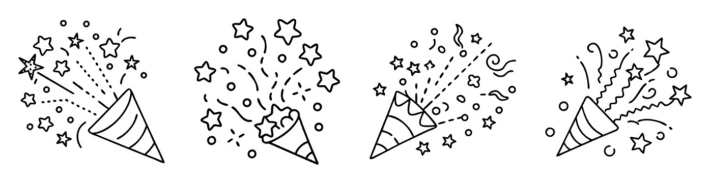 Four celebratory black and white party poppers exploding with confetti and stars