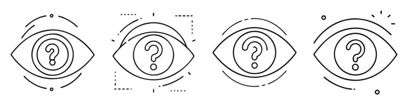 Four stylized eyes with question marks, symbolizing uncertainty and unanswered questions