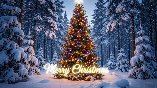 Illuminated Christmas tree in snow-covered forest with festive lights and "Merry Christmas
