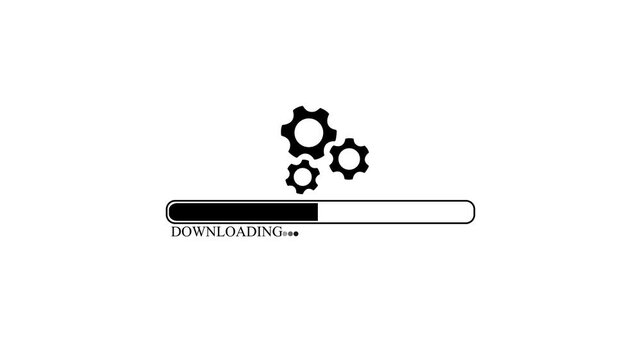 Animated Downloading Progress Bar with Spinning Gears Icon on White Background, Minimalist Flat Design Loading Screen, System Update, Data Transfer, and Processing Concept Animation Loop.
