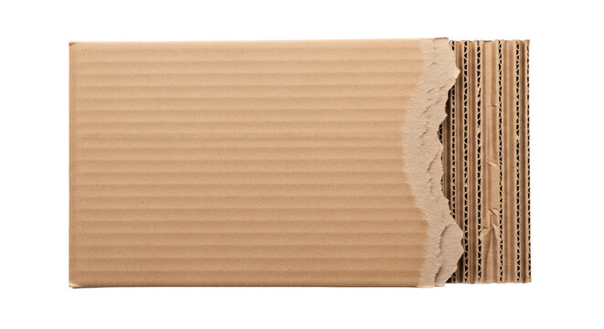 Corrugated cardboard edge with torn opening, shipping material.