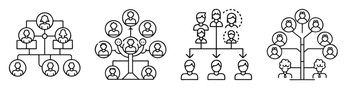 Four diverse family tree diagrams representing familial relationships and ancestry structures