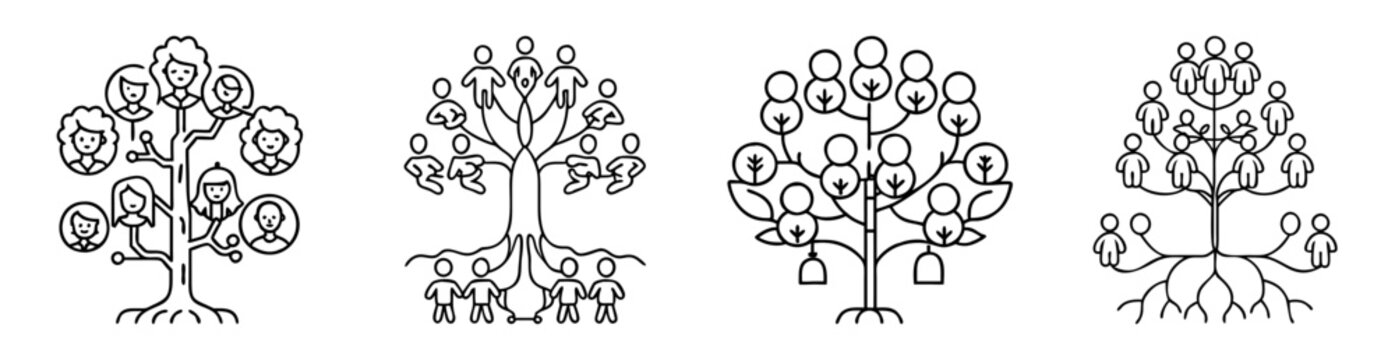 Four different depictions of a family tree featuring people or humanoids