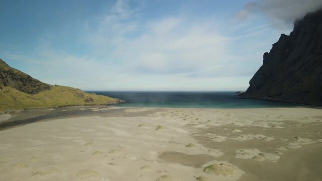 Aerial images of Bunes beach, next to Vindstad in Lofoten, Norway, drone footage, 4k 30fps
