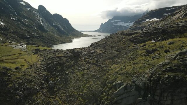 Aerial images of Vindstad in Lofoten, Norway, drone footage, 4k 30fps