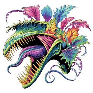 Aggressive venus flytrap plant with sharp teeth and colorful leaves on white background