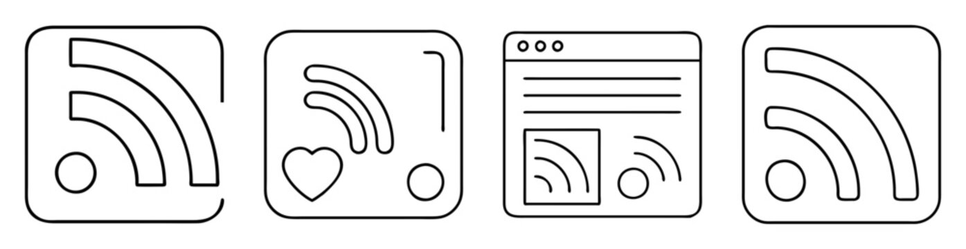 Collection of simplistic outlined podcast and RSS feed icons on white background
