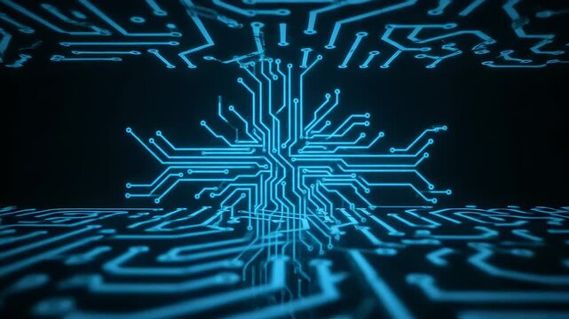 Illuminated electronic circuit pattern in vibrant blue against a dark background