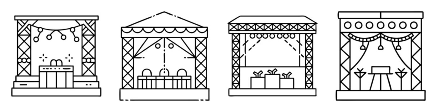 Four different stages or platforms with truss structures and decorations outlined
