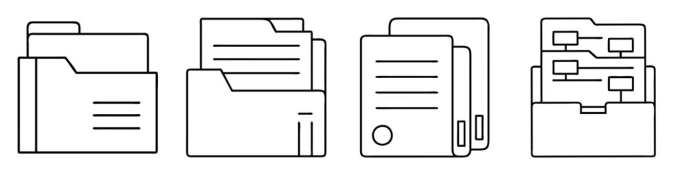 Black and white illustration of various folders filled with documents and diagrams