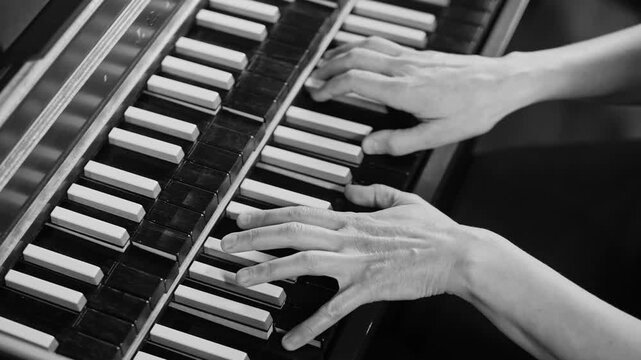 Cinematic black and white footage of musician playing vintage harpsichord