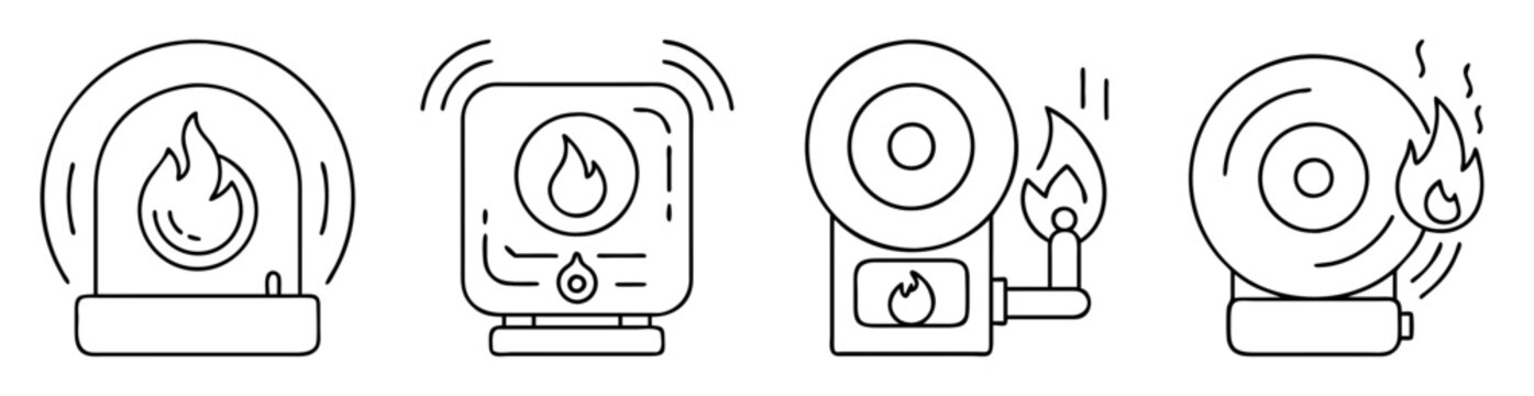 Collection of vector line art fire alarm systems and detectors icons