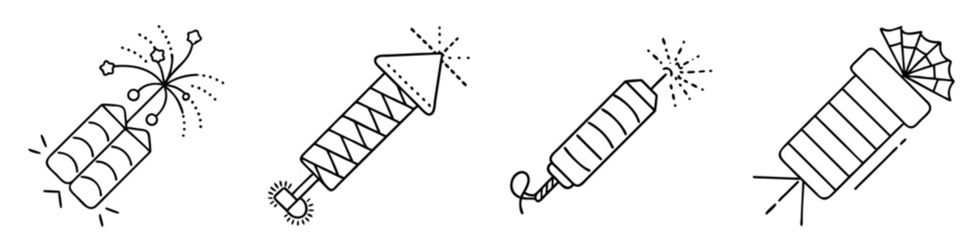 Collection of outlined images depicting various firework styles and designs