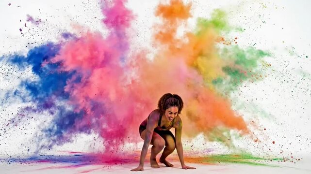 Woman in athletic pose amidst vibrant exploding color powder cloud, dynamic action shot