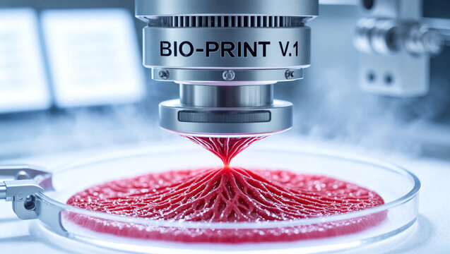 Macro close up of a futuristic 3D bioprinter nozzle creating living organic tissue, concept of biotechnology and future medicine