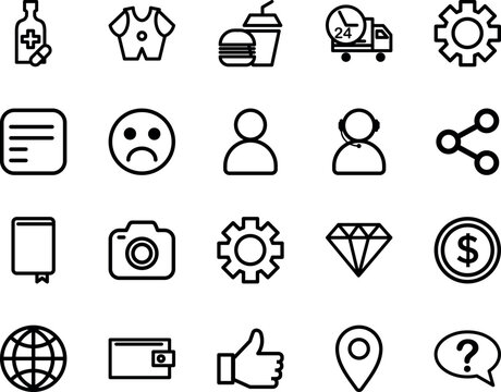 Universal basic web and app line icons, medicine, food, delivery, user, camera, dollar, globe, wallet, location
