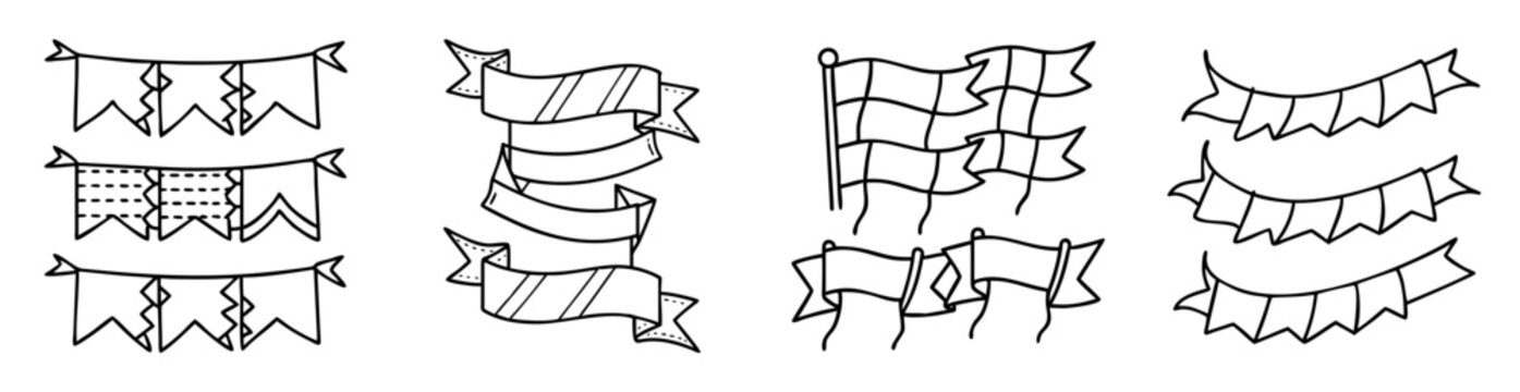 Whimsical hand drawn line art illustration of diverse banner and flag collection