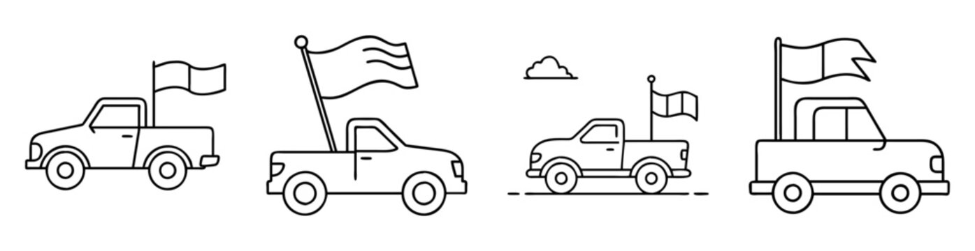 Four line art illustrations of pickup trucks with flags in their beds