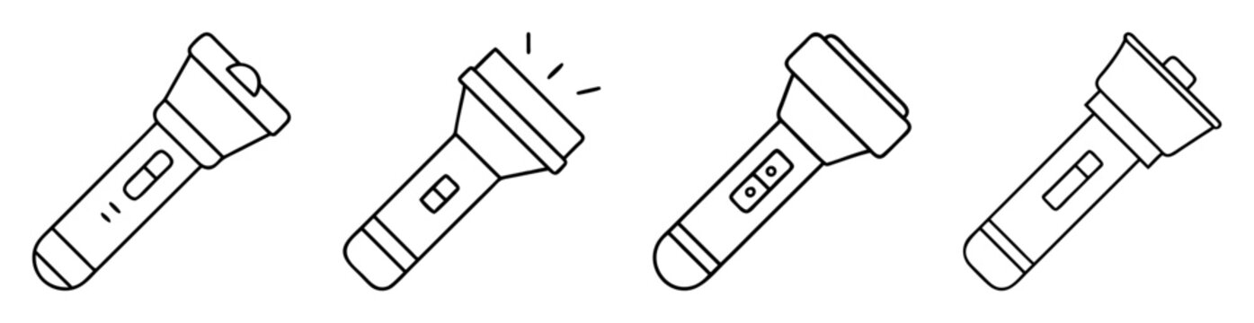 Four different flashlight designs illustrated in a minimal line art style