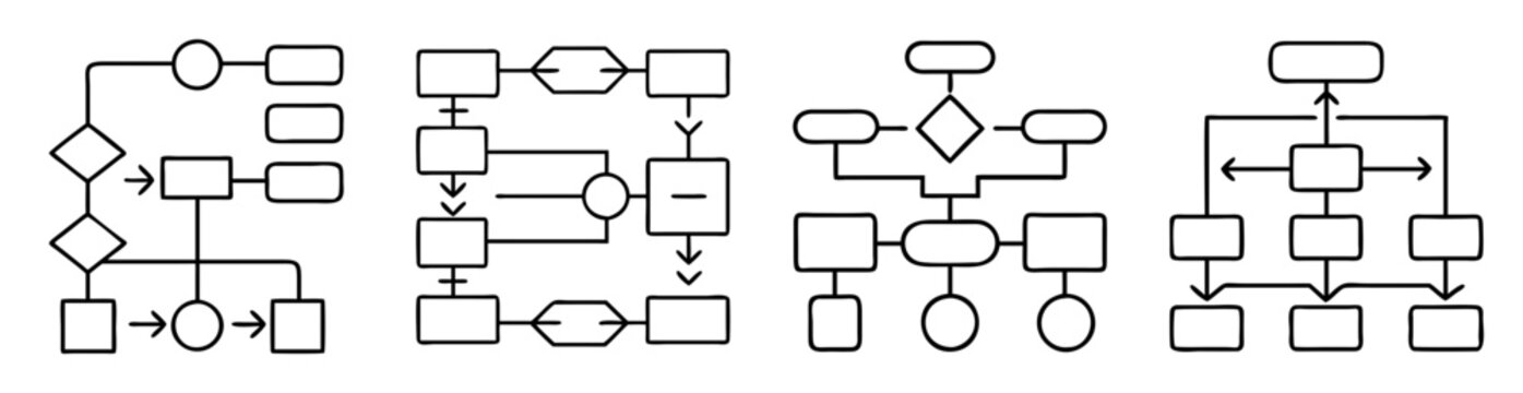 Different types of flowchart diagrams showing varied processes and data flow