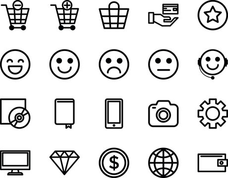 General user interface vector icon set, cart, emoji, credit card, phone, camera, settings, dollar, globe, wallet, star