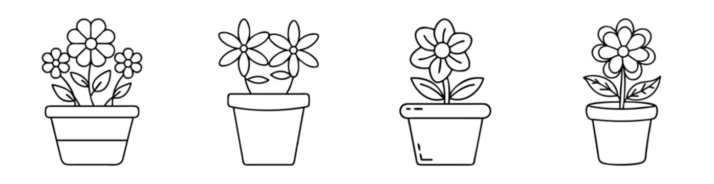 Four flower pot arrangements with various flower and pot designs in outline