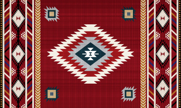 Bold seamless southwestern pattern inspired by traditional Navajo rug designs. Featuring geometric tribal motifs in rich red, white, and earthy tones, this ethnic textile pattern is perfect for fabric