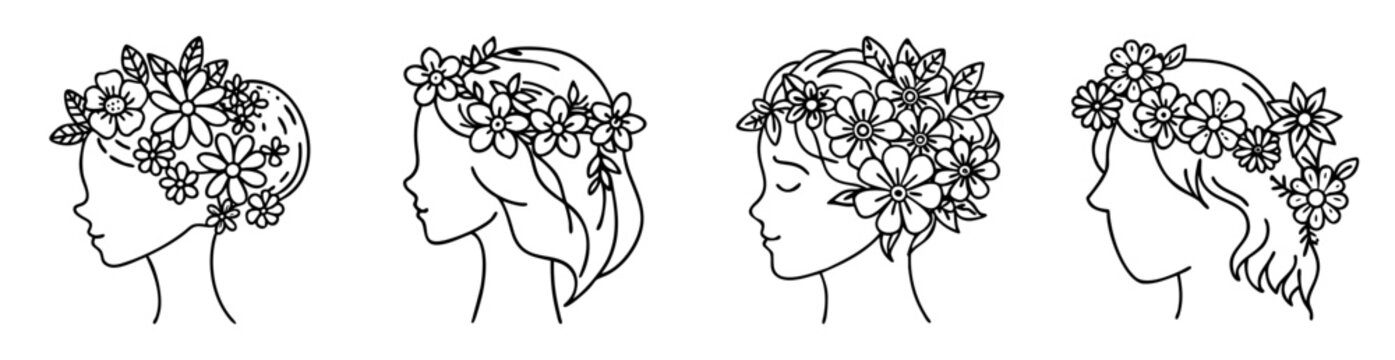 Elegant line art of women profiles adorned with floral headpieces and leaves