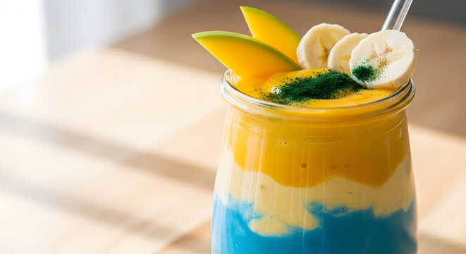 Vibrant Green Functional Smoothie with Spirulina and Fruits