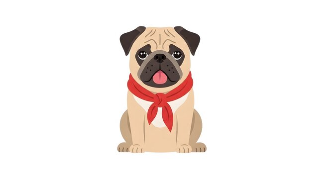 Flat vector icon of a cute sitting pug dog wearing a red bandana. Concept of pet care, animal clinic, and cartoon mascot design.
